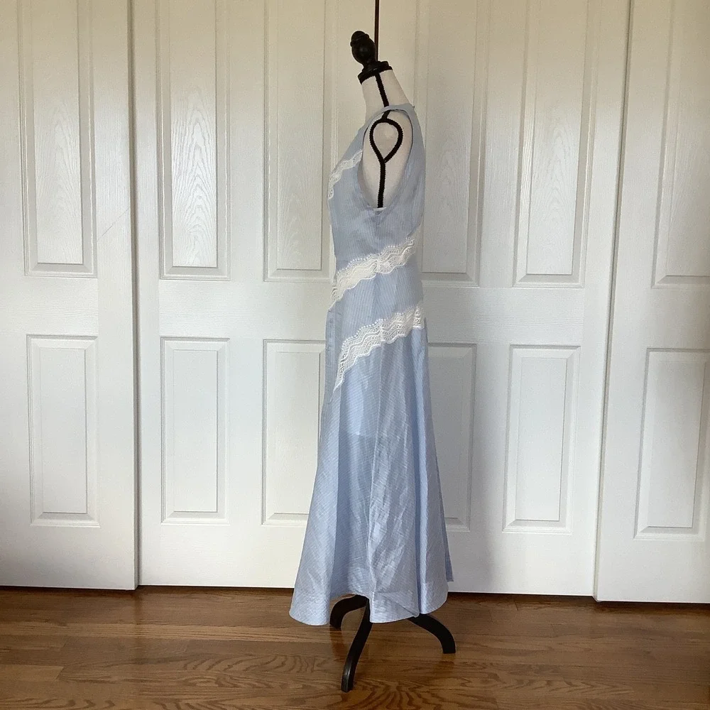 Sandro Nathalie Blue White Pinstripe Linen Lace Midi Dress Size 40 NWT - Picture 2 of 16